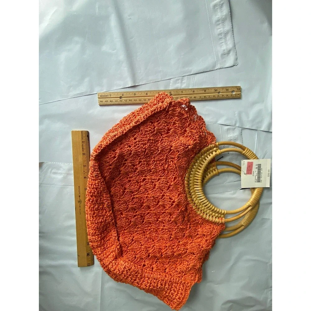 Straw Tote Bag Orange‎ Woven Bamboo Handles